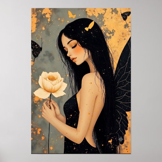 Gothische fee met witte vleugels en roos poster (Voorkant)