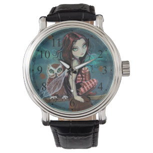 Gothische grote-ogen fee en uil fantasie kunst horloge