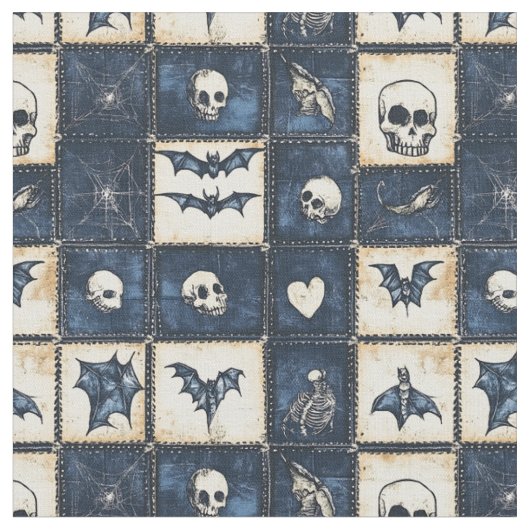 Gothische Halloween Denim Patchwork Patroon Stof (Close Up)