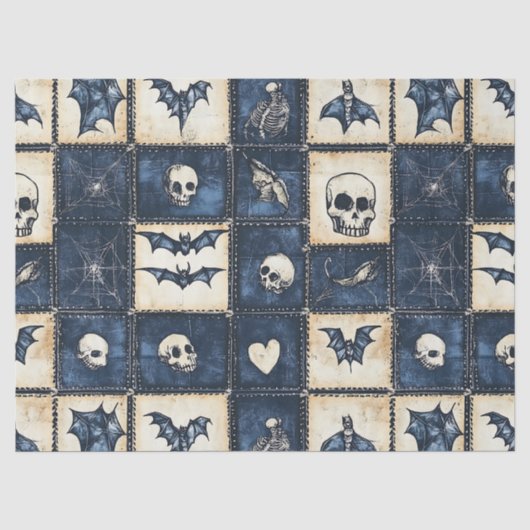Gothische Halloween Denim Patchwork Patroon Tissuepapier (Voorkant)