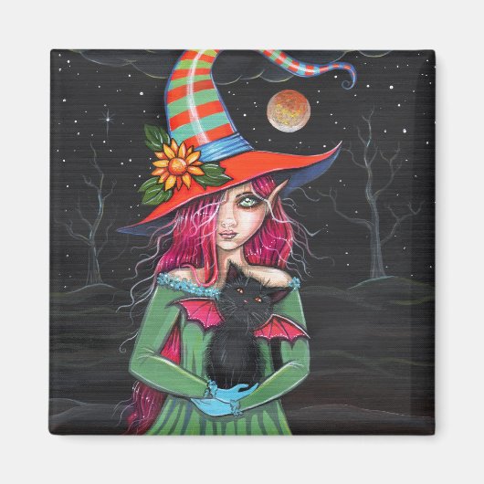Gothische Halloween Heks Kat Magneet (Voorkant)
