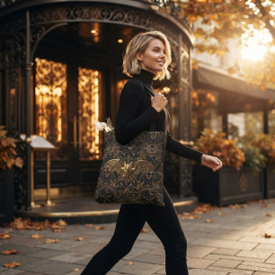 Gothische Halloween-tas met gouden vleermuispatroo Tote Bag