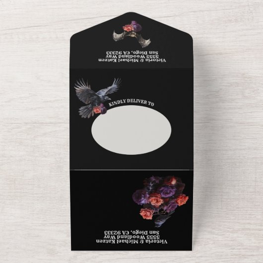 Gothische Halloween Zwarte Bloemige Trouwfoto All In One Uitnodiging (Buitenkant)