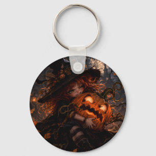Gothische Heks & Halloween Pompoen Kussen Sleutelhanger