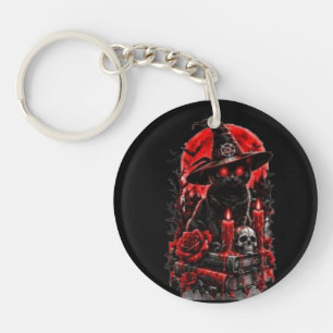 Gothische Heks Zwarte Kat Halloween Schedel Kaars Sleutelhanger
