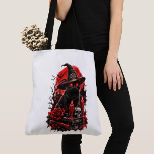 Gothische Heks Zwarte Kat Halloween Schedel Kaars Tote Bag