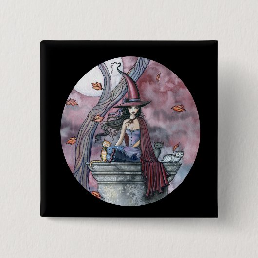 Gothische Heksenkat Halloween Knop, Speld Vierkante Button 5,1 Cm (Voorkant)