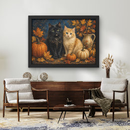 Gothische herfstkatten en pompoenen fijnkunst poster