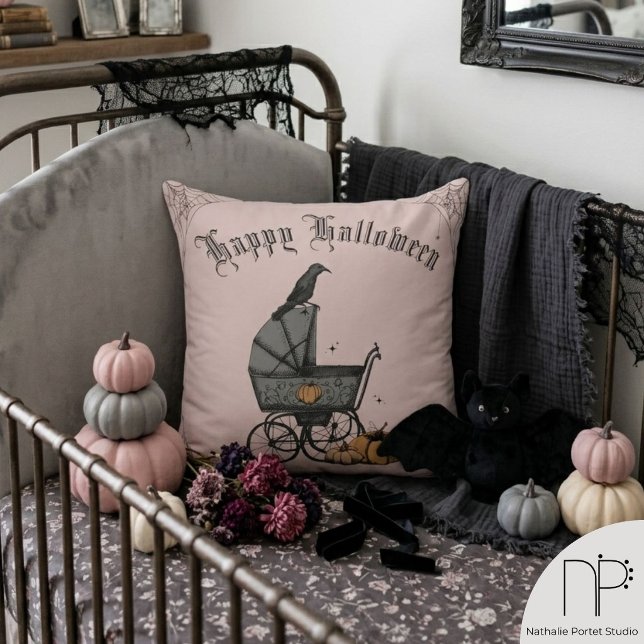Gothische kinderwagen Happy Halloween kussensloop Kussen (Gothic Halloween throw pillow, hand-drawn ink art, blush pink, personalized festive home decor)