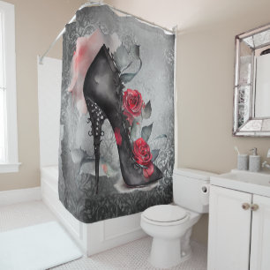 Gothische Mode met Stiletto en Red Rose Splash Douchegordijn