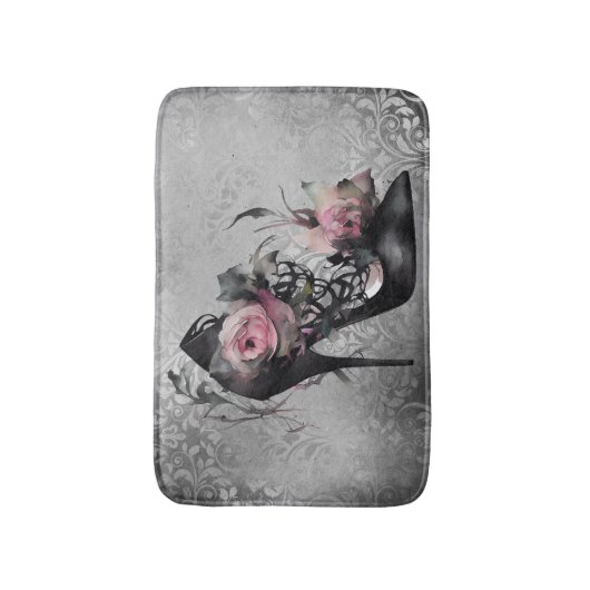 Gothische Mode Stiletto-hiel met roze moerasrozen Badmat (Voorkant Verticaal)