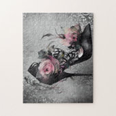 Gothische Mode Stiletto-hiel met roze moerasrozen Legpuzzel (Verticaal)