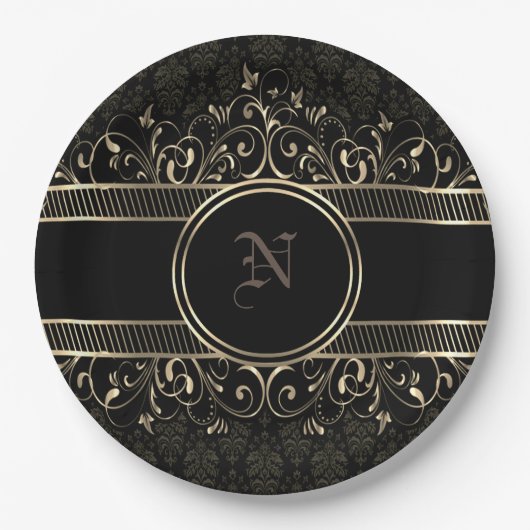  gothische monogrammen voor zwart en goud papieren bordje (Voorkant)