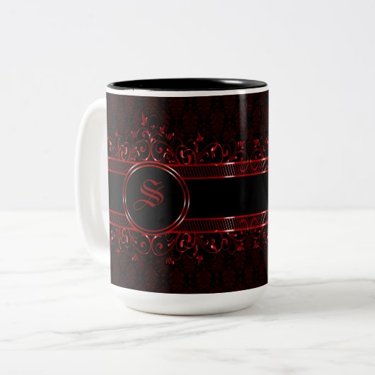 gothische monogrammen, zwart en rood tweekleurige koffiemok (Voorkant links)