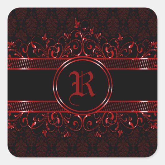 gothische monogrammen, zwart en rood vierkante sticker (Voorkant)
