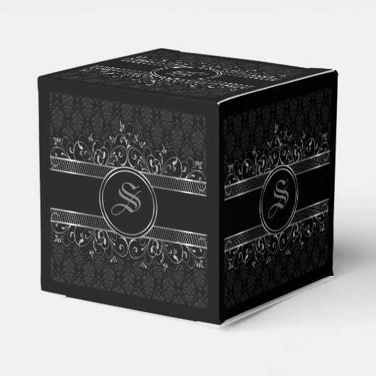 gothische monogrammen, zwart en zilver bedankdoosjes (Achterkant)