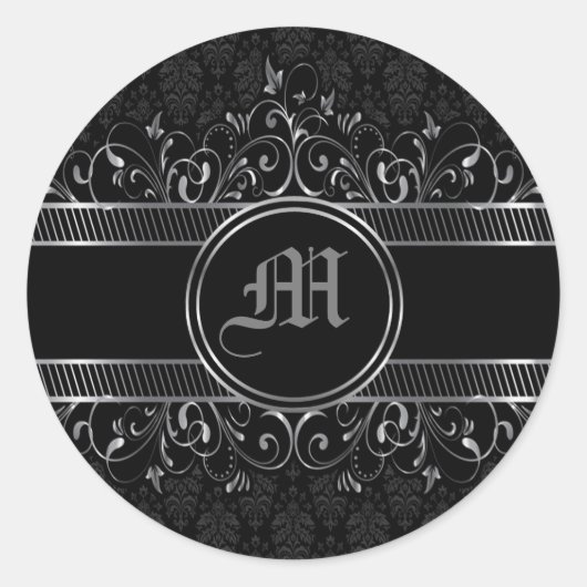  gothische monogrammen, zwart en zilver ronde sticker (Voorkant)