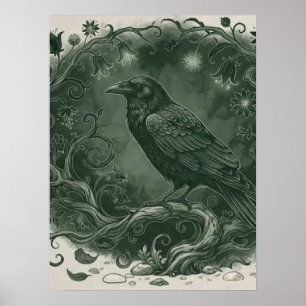 Gothische mystieke raaf en betoverd bos poster