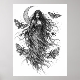 Gothische Nacht Heks en Luna Moth Donkere Folklore Poster