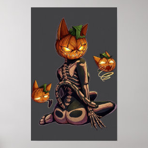Gothische Pompoenkop Skelet Kat Halloween Poster
