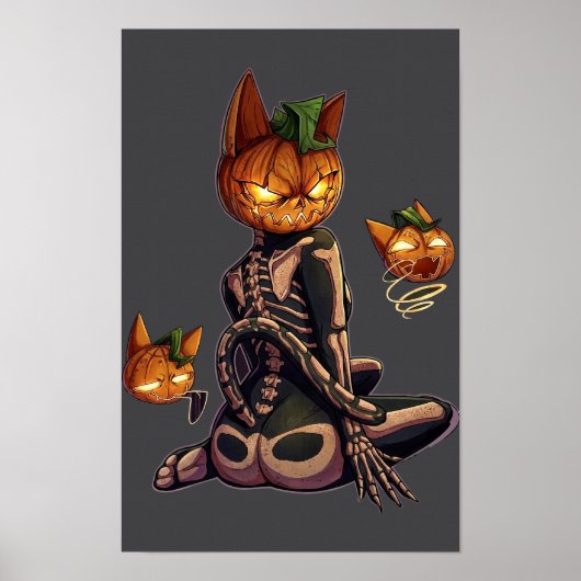 Gothische Pompoenkop Skelet Kat Halloween Poster (Voorkant)