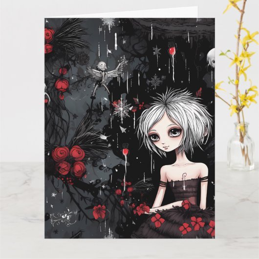 Gothische Punk Alternatieve Kerstelf Kaart (Gele Bloem)