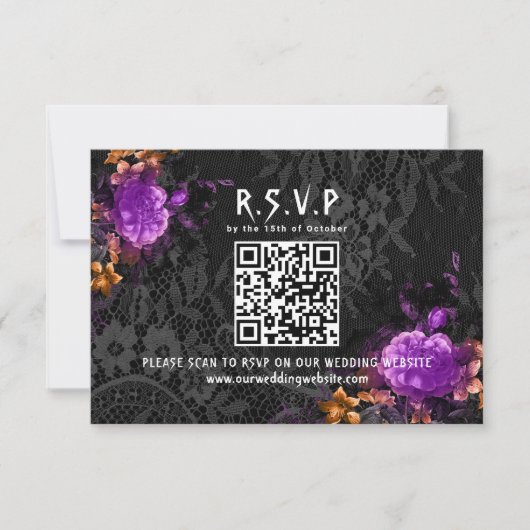 Gothische QR Code Paarse Floral Halloween Wedding RSVP Kaartje (Voorkant)