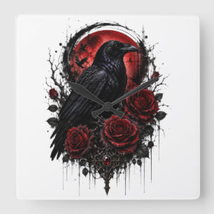 Gothische Raven Rode Maan & Rozen Wandklok