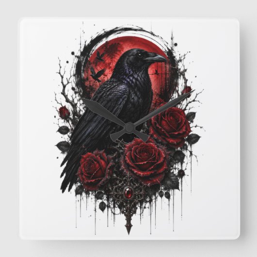 Gothische Raven Rode Maan & Rozen Wandklok (Voorkant)