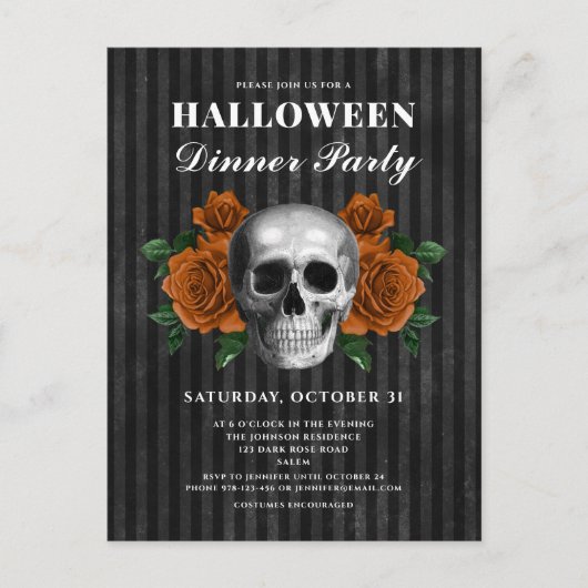 Gothische Rozen & Schedel Halloween Dinerfeest Briefkaart (Voorkant)