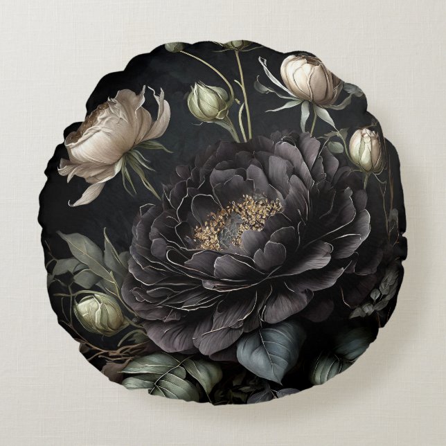 Gothische rozenboeket Zwarte Bloem Rond Kussen (Voorkant)