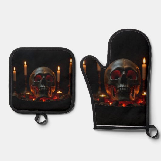 Gothische Schedel Altaar Halloween Oven Mitts Set (Voorkant)