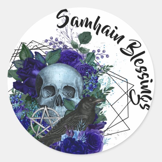 Gothische schedel en raven Paarse samhain-zegening Ronde Sticker (Voorkant)