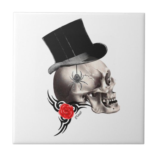 Gothische schedel en roos tattoo tegeltje (Voorkant)