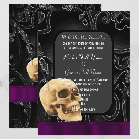 Gothische schedel en zwarte damesbruiloft kaart (Voorkant / Achterkant)