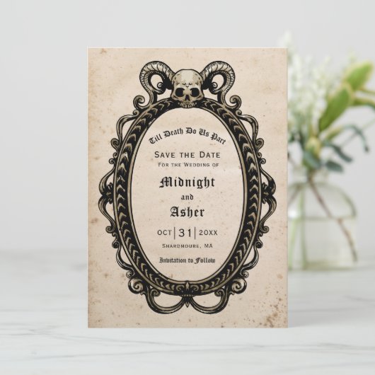 Gothische schedel tot de dood ons deel Antiek Save The Date (Staand voorkant)
