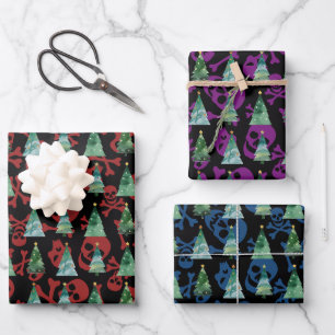 Gothische Schedels Rood Paars Blauw Kerstbomen  Inpakpapier Vel