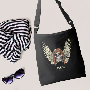 Gothische Skelet met Aviator helm en Vleugels Naam Crossbody Tas