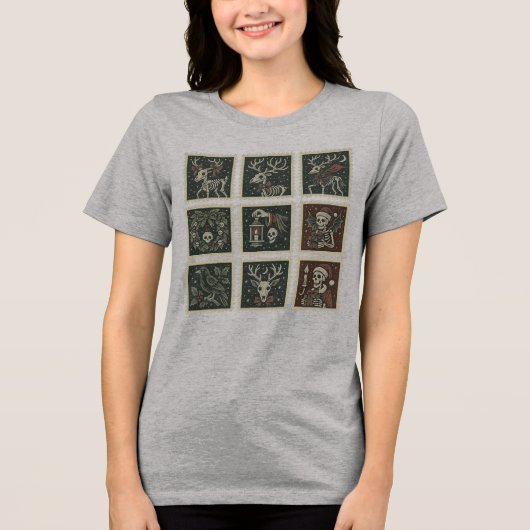 Gothische Skelet Rendier & Krans Stempel Raster Da Tri-Blend Shirt (Voorkant)