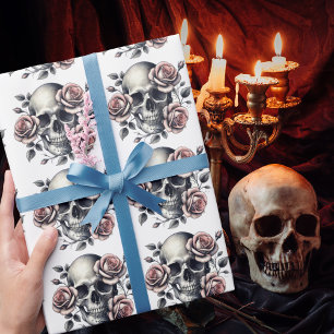 Gothische Skelet Roze Bloemen Schattig Romantisch Cadeaupapier