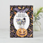 Gothische Skulls Paarse Oranje Flowers Gothic Kaart (Staand voorkant)