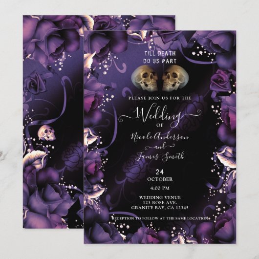 Gothische spieren en Paarse Rozen Halloween Weddin Kaart (Voorkant / Achterkant)