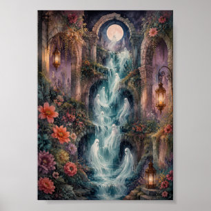 Gothische spookwaterval Fijne kunst Whimsical maan Poster