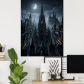 Gothische Stadstorens in het Maanlicht Poster (Thuiskantoor)
