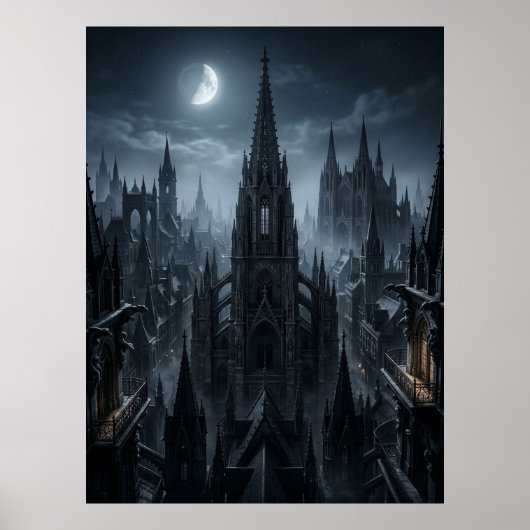 Gothische Stadstorens in het Maanlicht Poster (Voorkant)