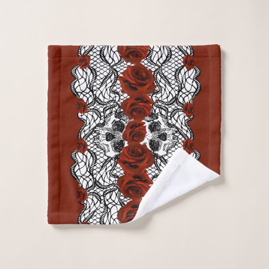 Gothische stijl, zwarte kant, schedels en rode roz bad handdoek (Wasdoekje)