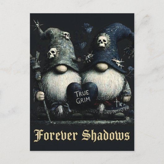 Gothische "True Grim" Gnomes met "Forever Shadows" Briefkaart (Voorkant)