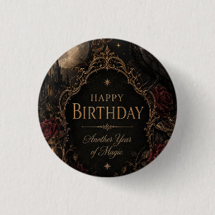 Gothische verjaardagskaart, donkere bloemen, motte ronde button 3,2 cm