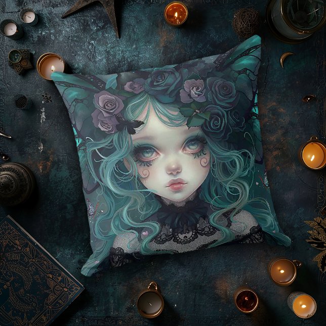 Gothische Vleermuis Meisje in Teal Kussen (Creator heeft geüpload)