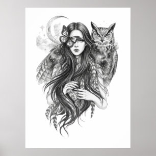 Gothische Wicca-heks en uil donkere folklore kunst Poster
